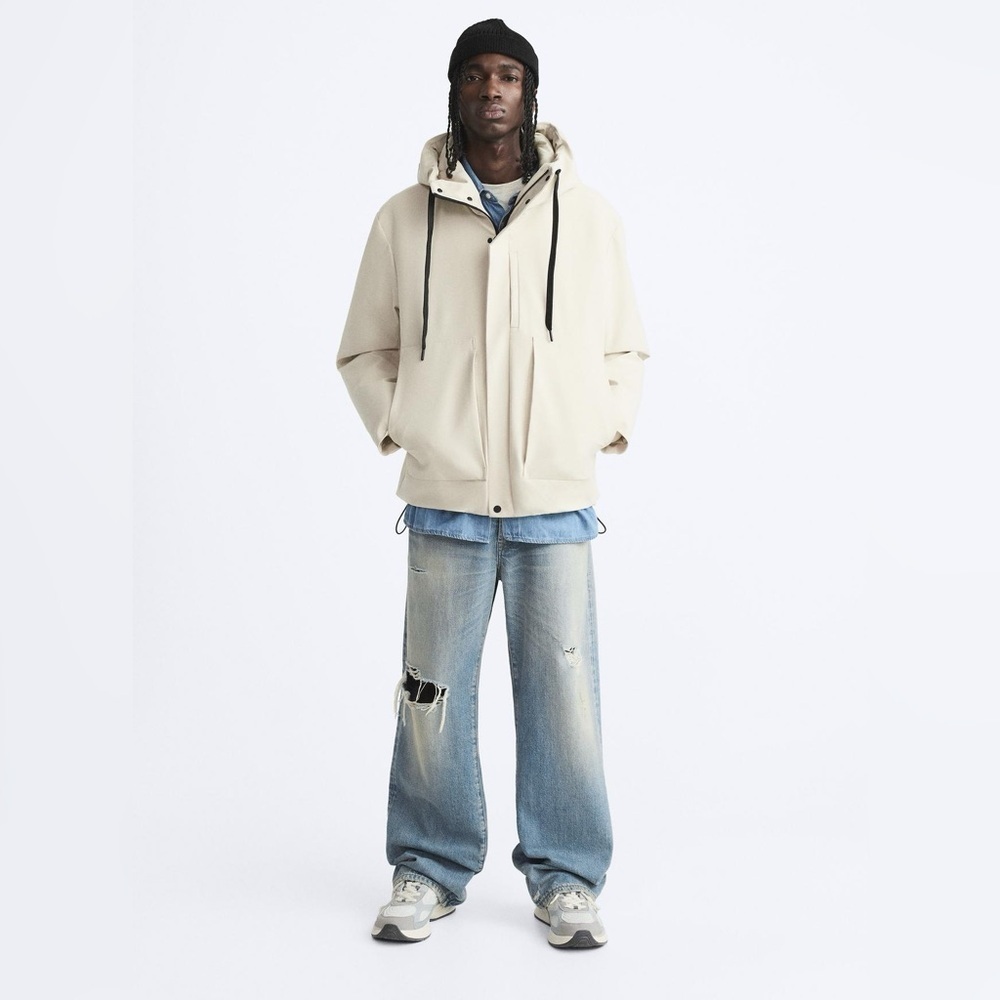 ZARA Technical Fabric Hooded Jacket Size L Beige Neutral